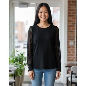 Anne Klein Sheer Crochet Lace Long Sleeve Top Gold Button Cuff Black Size 1X